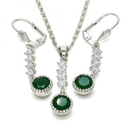 Rhodium Plated Green CZ Round Dangling Drop Mariner Link Pendant Necklace Lever Back Earring Set