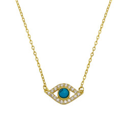 7.5 Gold Plated Silver Clear Cubic Zirconia Evil Eye Pendant + Cable Chain Necklace, 16 inches