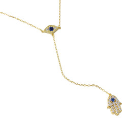Polished Gold Plated Silver Blue Cubic Zirconia Evil Eye Pendant + Cable Chain Necklace, 16 inches