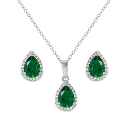 Women's 8.7mm Rhodium Plated Silver Green CZ Pendant + Cable Chain Necklace Set, 18 inches