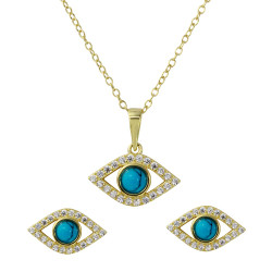 8.7mm Gold Plated Silver Blue Turquoise Evil Eye Pendant + Cable Chain Necklace Set, 16 inches