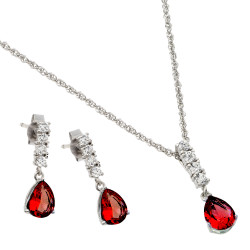 6.4mm Rhodium Plated Silver Red Cubic Zirconia Pendant + Cable Chain Necklace Set, 18 inches (SKU: SS-SET1002A)