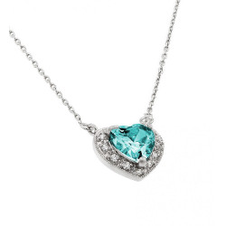 12.5 Rhodium Plated Silver Blue Cubic Zirconia Heart Pendant + Cable Chain Necklace, 18 inches (SKU: SS-PD1068C)
