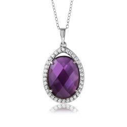 15.9 Rhodium Plated Silver Amethyst Purple CZ Pendant + Cable Chain Necklace, 18 inches (SKU: SS-PD1067B)