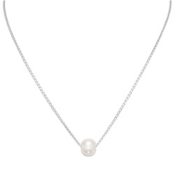 Sterling Silver 9mm White Freshwater Cultured Pearl Floating Curb Necklace Pendant 16 + 2" + Polishing Cloth'