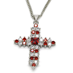 27.7mm Polished Rhodium Plated Red Cubic Zirconia Square Curb Pendant + Necklace, 21.5 (SKU: RL-PD1005B)