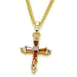 15mm Polished 14k Yellow Gold Plated Red Cubic Zirconia Curb Pendant + Necklace, 21.5