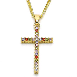 18.2mm Polished 14k Yellow Gold Plated Multicolor Cubic Zirconia Curb Pendant + Necklace, 21.5