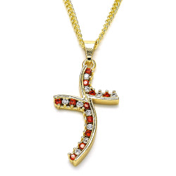 17.3mm Polished 14k Yellow Gold Plated Red Cubic Zirconia Curb Pendant + Necklace, 21.5