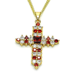 27.7mm Polished 14k Yellow Gold Plated Red Cubic Zirconia Square Curb Pendant + Necklace, 21.5
