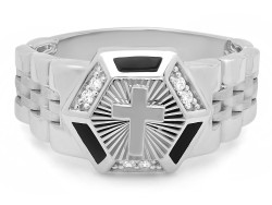 18mm Sterling Silver Hexagon w/Cross & CZs Jubilee-Style Band Ring Made in Italy + Bonus Polishing Cloth (SKU: SS-RCZ857)