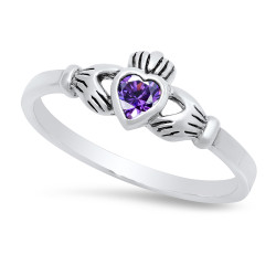 Sterling Silver Claddagh February Birthstone Amethyst CZ Promise Ring Made in Italy + Cloth (SKU: SS-RN1065A)