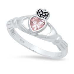 Sterling Silver Claddagh October Birthstone pink CZ Promise Ring Made in Italy + Cleaning Cloth (SKU: SS-RN1066A)