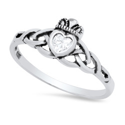 Sterling Silver Claddagh April Birthstone CZ Promise Ring Made in Italy + Cleaning Cloth (SKU: SS-RN1068D)
