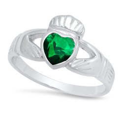 Sterling Silver Claddagh May Birthstone Emerald CZ Promise Ring Made in Italy + Cleaning Cloth (SKU: SS-RN1069E)