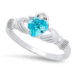 Sterling Silver Claddagh March Birthstone Aqua CZ Promise Ring Made in Italy + Cleaning Cloth (SKU: SS-RN1060Q)