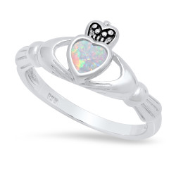 Sterling Silver Claddagh April Birthstone white opal Promise Ring Made in Italy + Cleaning Cloth (SKU: SS-RN1066I)