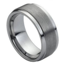 Men's Tungsten Carbide Brushed Center Stepped Edge Band Ring, Size 8,9,10,11,12 + Polishing Cloth (SKU: TG-RN1003)