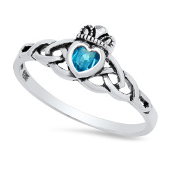 Sterling Silver Claddagh November Birthstone Blue Topaz CZ Promise Ring Made in Italy + Cloth (SKU: SS-RN1068B)