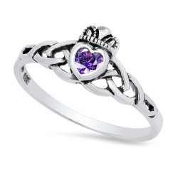 Sterling Silver Claddagh February Birthstone Amethyst CZ Promise Ring Made in Italy + Cloth (SKU: SS-RN1068A)