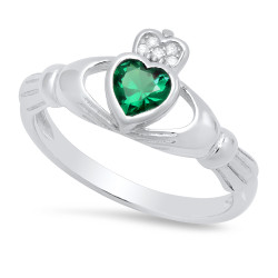 Sterling Silver Claddagh May Birthstone Emerald CZ Promise Ring Made in Italy + Cleaning Cloth (SKU: SS-RN1067B)