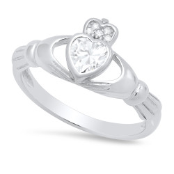 Sterling Silver Claddagh April Birthstone CZ Promise Ring Made in Italy + Cleaning Cloth (SKU: SS-RN1067A)