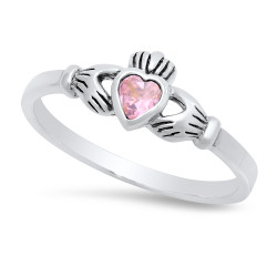 Sterling Silver Claddagh October Birthstone pink CZ Promise Ring Made in Italy + Cleaning Cloth (SKU: SS-RN1065H)