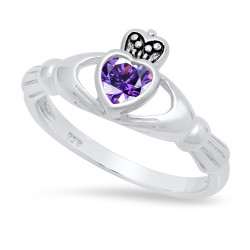 Sterling Silver Claddagh February Birthstone Amethyst CZ Promise Ring Made in Italy + Cloth (SKU: SS-RN1066D)