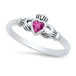 Sterling Silver Claddagh July Birthstone Rubellite CZ Promise Ring Made in Italy + Cleaning Cloth (SKU: SS-RN1065F)