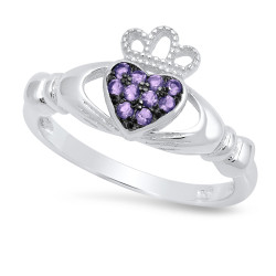 Sterling Silver Claddagh February Birthstone Amethyst CZ Promise Ring Made in Italy + Cloth (SKU: SS-RN1064E)
