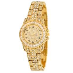 Women's Polished Gold Stainless Steel Cubic Zirconia Iced Out Watch + Jewelry Cloth & Pouch (SKU: WTC175)