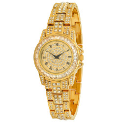 Women's Polished Gold Stainless Steel Cubic Zirconia Iced Out Watch + Jewelry Cloth & Pouch (SKU: WTC176)