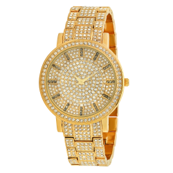 Men's Polished 14k Gold Plated Stainless Steel Cubic Zirconia Iced Out Watch + Jewelry Cloth & Pouch (SKU: WTC200)