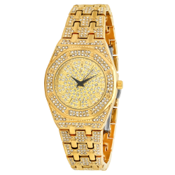 Men's Polished 14k Gold Plated Stainless Steel Cubic Zirconia Iced Out Watch + Jewelry Cloth & Pouch (SKU: WTC186)