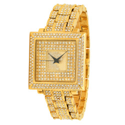 Men's Polished 14k Gold Plated Stainless Steel Cubic Zirconia Iced Out Watch + Jewelry Cloth & Pouch (SKU: WTC184)