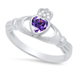 Sterling Silver Claddagh February Birthstone Amethyst CZ Promise Ring Made in Italy + Cloth (SKU: SS-RN1067D)