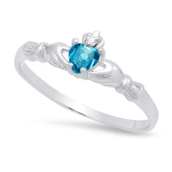 Sterling Silver Claddagh November Birthstone Blue Topaz CZ Promise Ring Made in Italy + Cloth (SKU: SS-RN1063H)