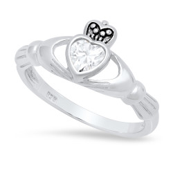 Sterling Silver Claddagh April Birthstone CZ Promise Ring Made in Italy + Cleaning Cloth (SKU: SS-RN1066E)