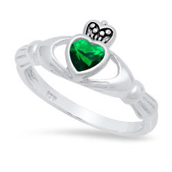 Sterling Silver Claddagh May Birthstone Emerald CZ Promise Ring Made in Italy + Cleaning Cloth (SKU: SS-RN1066B)