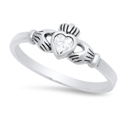 Sterling Silver Claddagh April Birthstone CZ Promise Ring Made in Italy + Cleaning Cloth (SKU: SS-RN1065G)