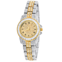 Women's Gold Stainless Steel Cubic Zirconia Iced Out Watch + Jewelry Cloth & Pouch (SKU: WTC178)