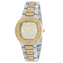 Women's Gold Stainless Steel Cubic Zirconia Iced Out Watch + Jewelry Cloth & Pouch (SKU: WTC174)