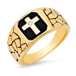 Men's Textured 14k Yellow Gold Plated Clear Cubic Zirconia Cross Signet Ring (SKU: GL-RN1001)