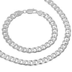 8.5mm Solid .925 Sterling Silver Flat Cuban Link Curb Chain Necklace + Bracelet Set (SKU: NEC601S)