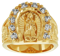 Men's 18mm 14k Yellow Gold Plated Clear Cubic Zirconia Flat Virgin Mary Ring + Gift Box (SKU: GL-MN25-BX)