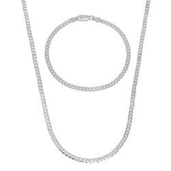 3mm Solid .925 Sterling Silver Flat Cuban Link Curb Chain Necklace + Bracelet Set (SKU: NC1007S)