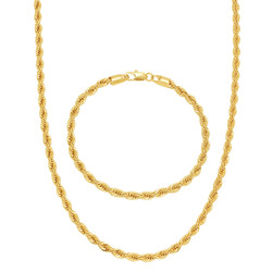 4mm 14k Yellow Gold Plated Twisted Rope Chain Necklace + Bracelet Set (SKU: GFC104S)