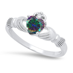 Sterling Silver Claddagh June Birthstone Rainbow CZ Promise Ring Made in Italy + Cleaning Cloth (SKU: SS-RN1060N)