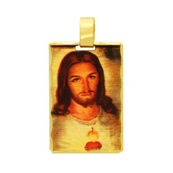 14k Gold Plated Framed Jesus Sacred Heart Portrait 20mm x 30mm Pendant + Jewelry Polishing Cloth (SKU: GL-MR106)
