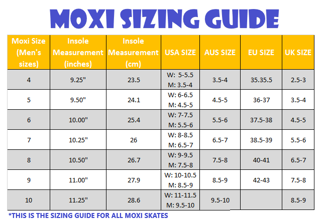 Moxi Size Chart